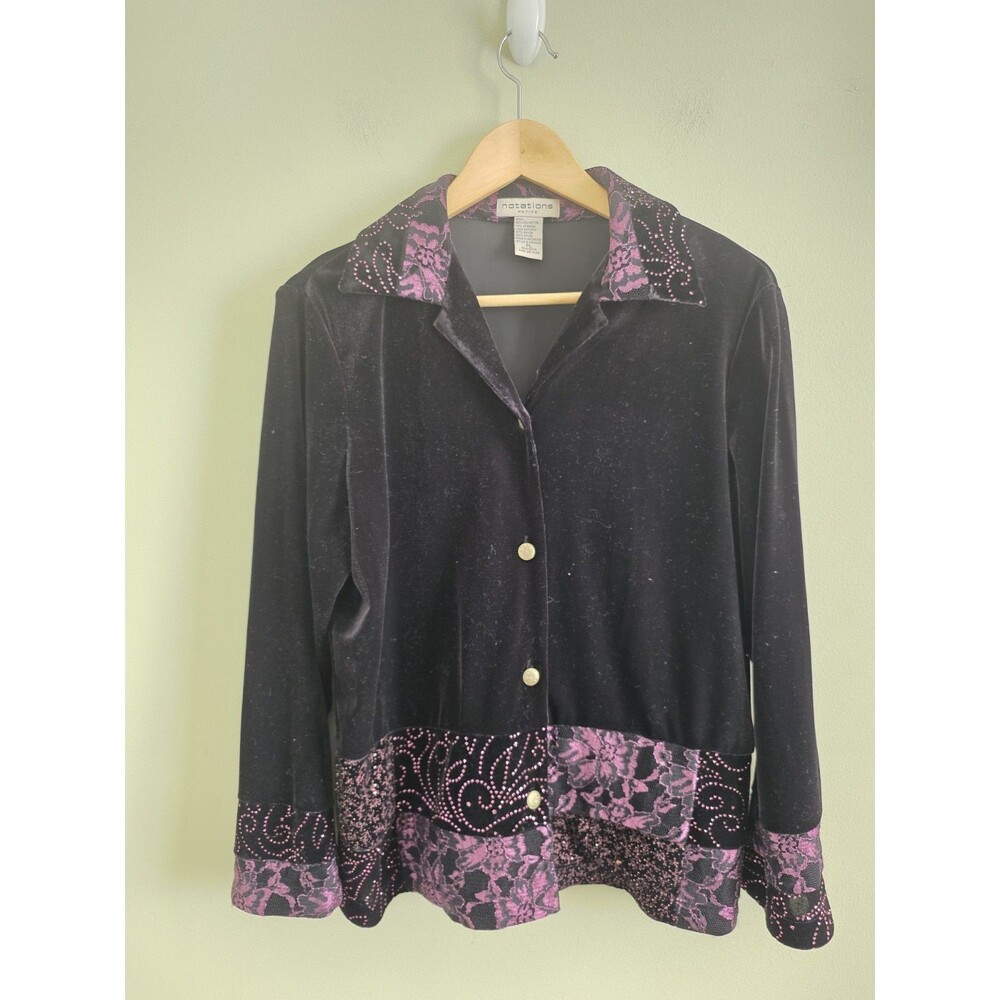 Notations Woman Purple Velvet Mixed Patchwork Tapestry Shirt Blouse Top PL